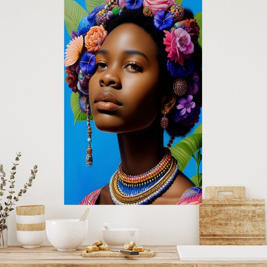 毛に花をつける部族アフリカの女性 ポスター (キッチン)