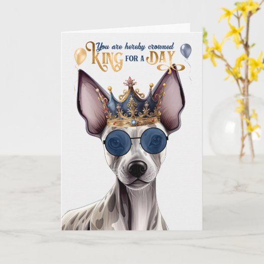 毛のないテリア犬のキングのための日おもしろい誕生日 カード (黄色い花)