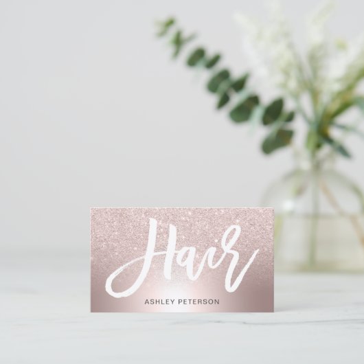 毛のばら色の金ゴールドのグリッターのグラデーションな金属ホイル 名刺 (スタンド正面)