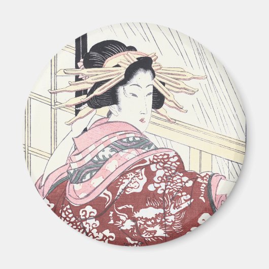 毛のオーナメントを持つ日本人のUkiyo-eのCourtesan マグネット (正面)