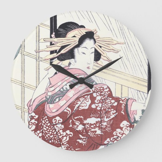 毛のオーナメントを持つ日本人のUkiyo-eのCourtesan ラージ壁時計 (正面)