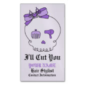 毛の付属のスカル(文字4)との弓詳細の紫色 マグネット名刺 (正面縦)