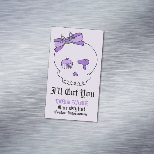 毛の付属のスカル(文字4)との弓詳細の紫色 マグネット名刺 (インサイチュ)