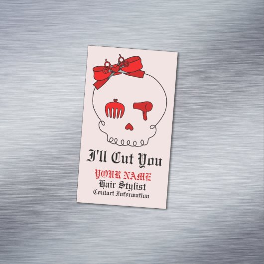 毛の付属のスカル(文字4)との弓詳細の赤 マグネット名刺 (インサイチュ)