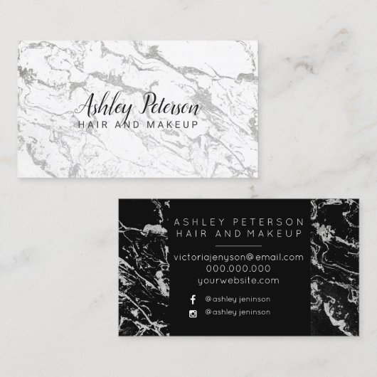 毛の化粧の白黒の銀の大理石のタイポグラフィ 名刺 (正面/裏面)