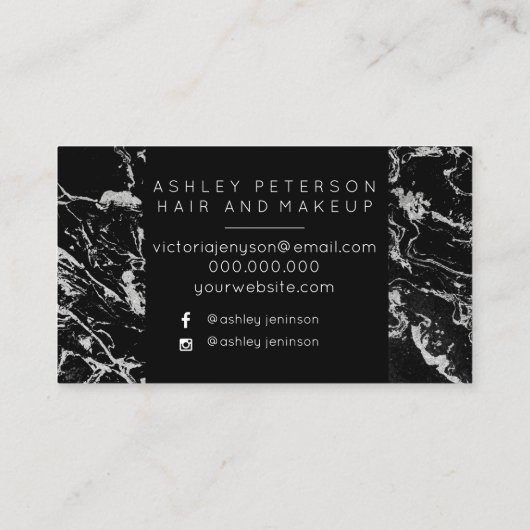 毛の化粧の白黒の銀の大理石のタイポグラフィ 名刺 (裏面)