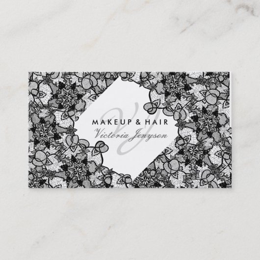 毛の化粧の花の黒い手描きのレースパターン 名刺 (正面)