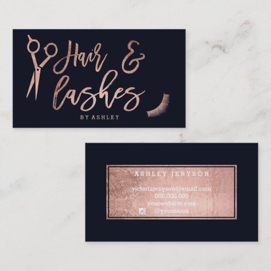 毛の鞭のばら色の金ゴールドのタイポグラフィの濃紺 名刺 (正面/裏面)