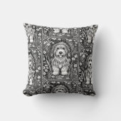 毛むくじゃらの犬の白黒ヴィンテージ花園 クッション (正面)