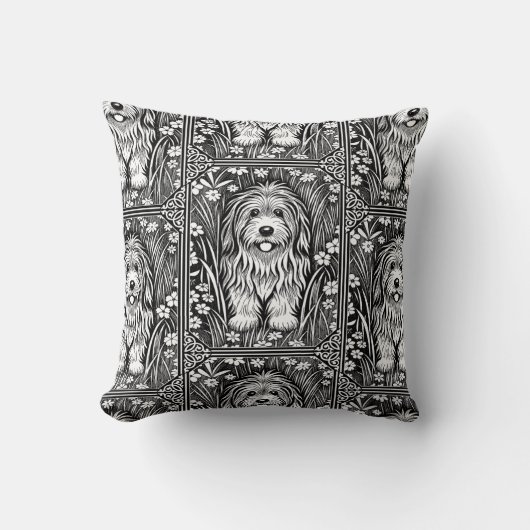 毛むくじゃらの犬の白黒ヴィンテージ花園 クッション (正面)