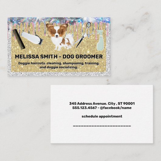 毛むくじゃらの犬 |グルーミングツール |グリッタースパークル 予約カード (正面/裏面)