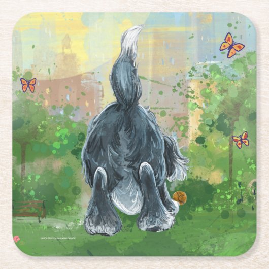 毛むくじゃらの羊犬 スクエアペーパーコースター (正面)