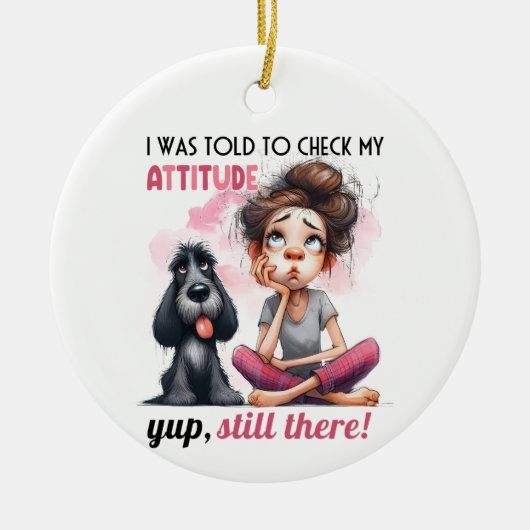 毛むくじゃらの黒犬を連れたかわいい女の子 セラミックオーナメント (正面)