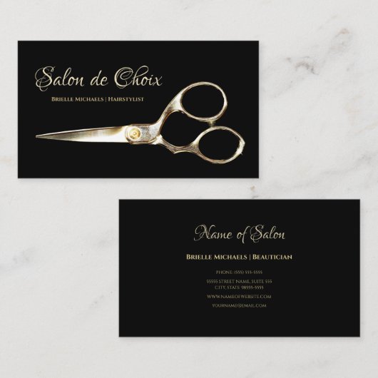 毛エレガントサロン金ゴールド美容師はさみ 名刺 (正面/裏面)