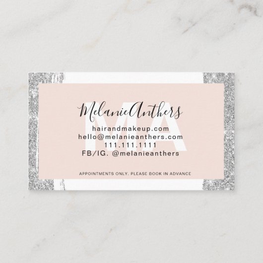 毛モダン化粧銀グリッター刷りピンク枠 名刺 (裏面)