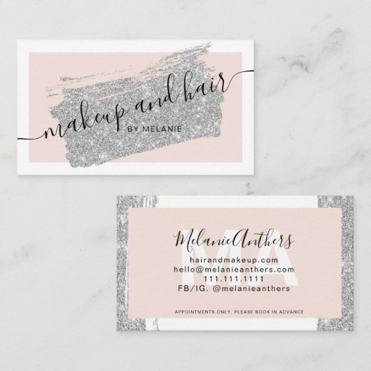 毛モダン化粧銀グリッター刷りピンク枠 名刺 (正面/裏面)