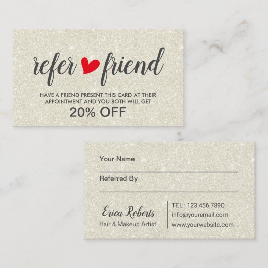 毛及びメーキャップアーティストのアイボリーのグリッターのサロンの紹介 紹介カード (正面/裏面)