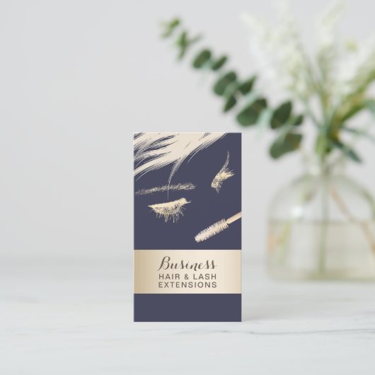 毛及び鞭延長サロンのモダンな青及び金ゴールド 名刺 (スタンド正面)