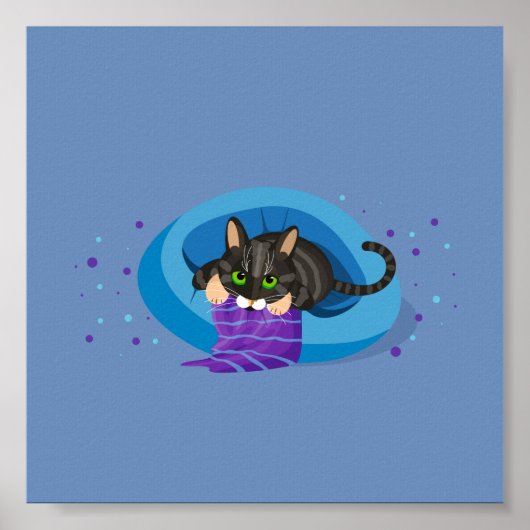 毛布つきベッド上の幾何学的なタビーストライプのネコ ポスター (正面)