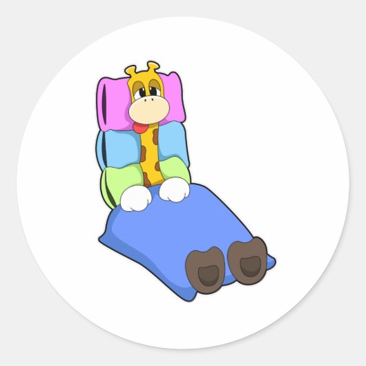 毛布と枕で寝るキリン ラウンドシール (正面)