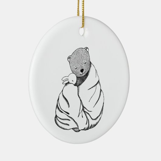 毛布にクマとバニーのカップル最初のクリスマ セラミックオーナメント (右)