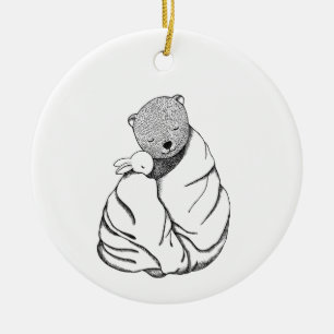 毛布にクマとバニーのカップル最初のクリスマ セラミックオーナメント