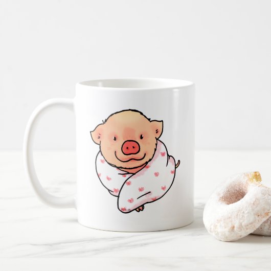毛布に包まれたかわいい子ぶた コーヒーマグカップ (ドーナツ)