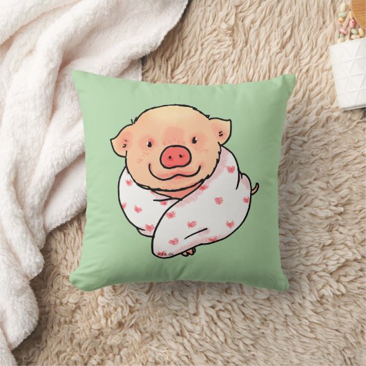毛布に包まれたかわいい子豚 クッション (ブランケット)