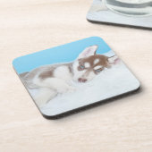 毛布に小さなかすぼらしい子犬が寝そべる コースター (左側)