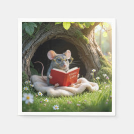 毛布の上で赤い本を読むネズミ スタンダードカクテルナプキン