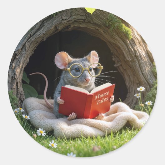 毛布の上で赤い本を読むネズミ ラウンドシール (正面)