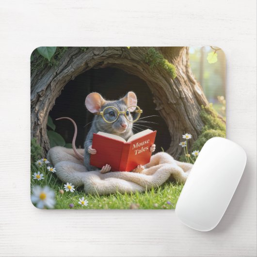 毛布の上で赤い本を読んでいるネズミ マウスパッド (マウス)