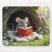 毛布の上で赤い本を読んでいるネズミ マウスパッド (正面)