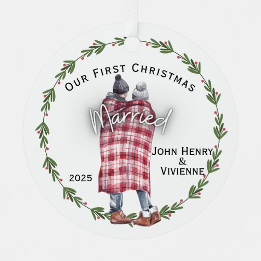 毛布カップル私たちの初めてのクリスマス 結婚した メタルオーナメント (正面)