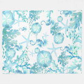 毛布ティール（緑がかった色）ブルーシーホースサンドドルシーシェル フリースブランケット (正面(横))