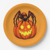 毛深いクモとカボチャハロウィーンのカボチャのちょうちん切り出し ペーパープレート (正面)