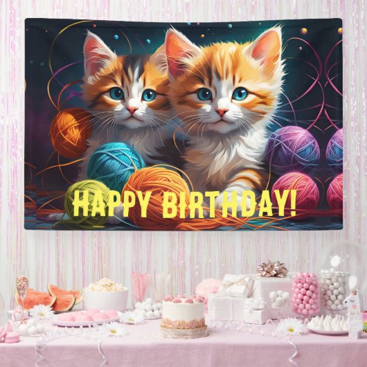 毛玉の可愛い子猫2匹誕生日 横断幕 (パーティー)