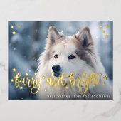 毛皮と明るいクリスマスの金ゴールドペットの写真 箔シーズンポストカード (正面)