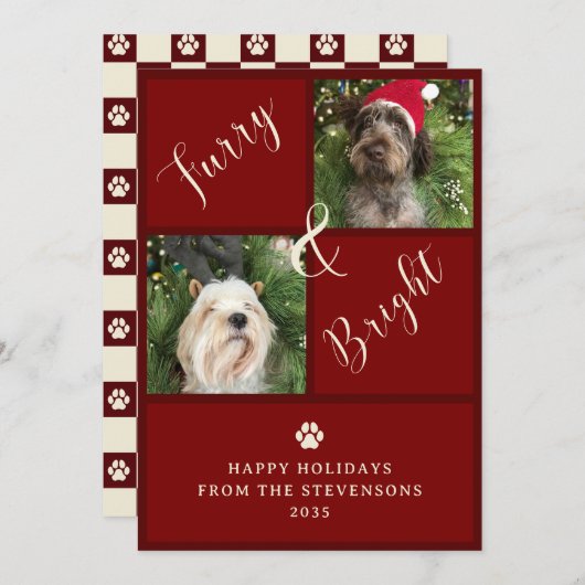 毛皮と明るい赤の2フォトドッグ シーズンカード (正面/裏面)