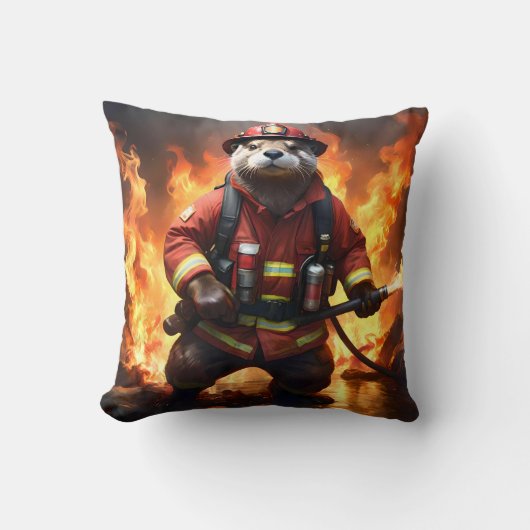 **「毛皮と炎：オッター・ファイアマンの背焼き クッション (正面)