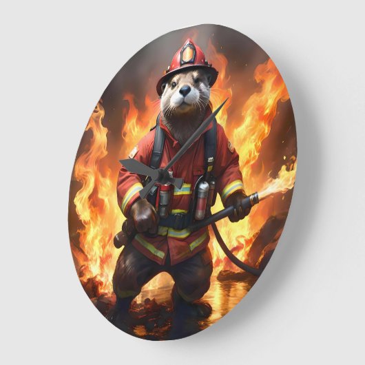 **「毛皮と炎:オッター・ファイアマンの背焼き ラージ壁時計 (傾斜)