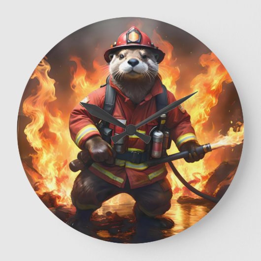 **「毛皮と炎:オッター・ファイアマンの背焼き ラージ壁時計 (正面)