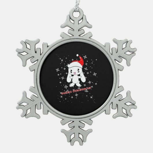 毛皮のクリスマスウサギ スノーフレークピューターオーナメント (正面)
