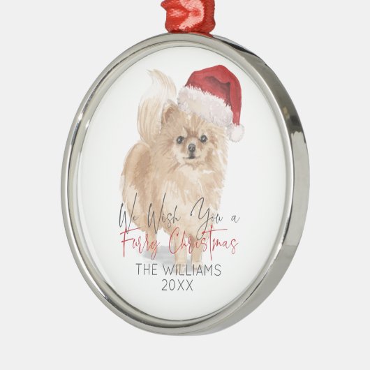 毛皮のクリスマスサンタドッグパーソナライズされた メタルオーナメント (左)