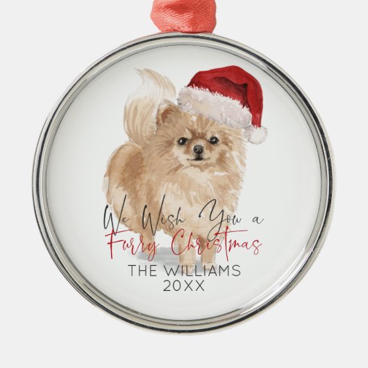 毛皮のクリスマスサンタドッグパーソナライズされた メタルオーナメント (正面)