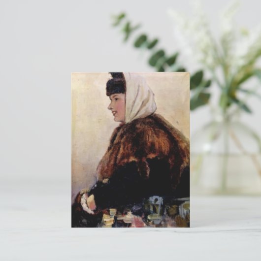 毛皮のコートを着た若い女性のヴァシリースリコフポートレート ポストカード (スタンド正面)