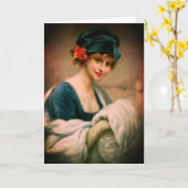 毛皮のハンドマフをつけた女性の冬の肖像画 カード (黄色い花)