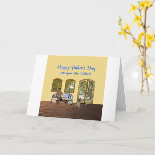 毛皮のベビーからの父の日、猫が付いているソファの人 カード (黄色い花)