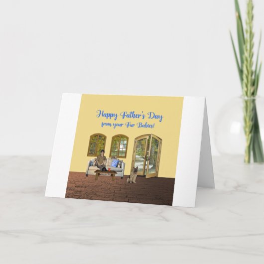 毛皮のベビーからの父の日、猫が付いているソファの人 カード (正面)