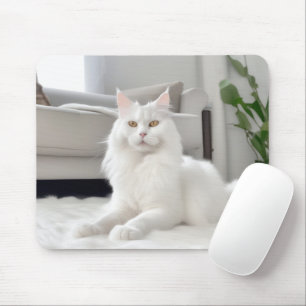 毛皮の敷物の上の白い猫 マウスパッド